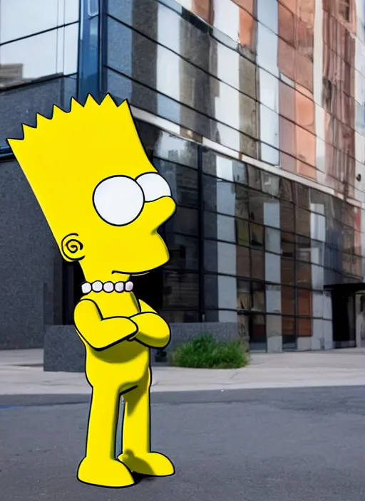 Image similar to bart simpson in business suit, statue standing on street