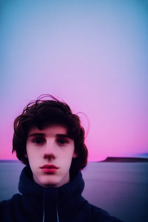 Image similar to high quality pastel coloured film mid angle selfie photograph of a beautiful young 2 0 year old male, soft features, short black hair, standing in an icelandic black rock environment. atmospheric. subsurface scattering. three point light. photographic. art directed. ( pastel colours ). volumetric light. clearcoat. waves glitch. 8 k. filmic.