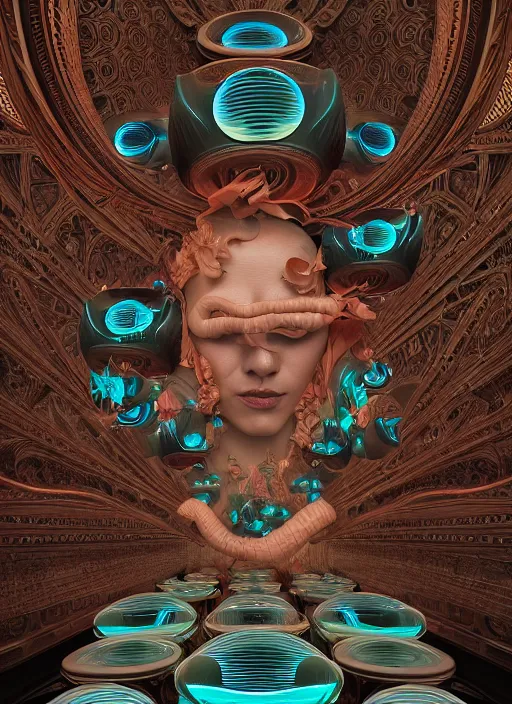 Image similar to highly detailed surreal vfx portrait of a 3 d landscape of stacks of recursive speakers, polyphonic ecstacy, ornate, hyperrealistic, octane render, chiaroscuro, inspired by james jean, android jones, beeple, rhads, alphonse mucha, frostbite 3 engine