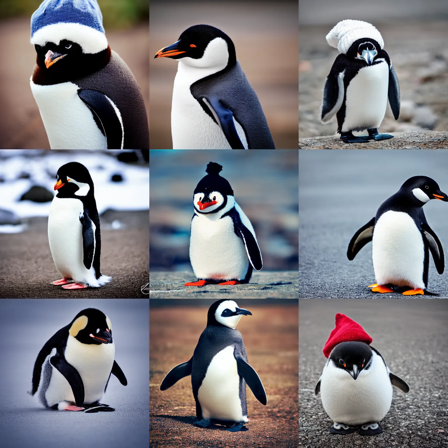 Prompt: an adorable fluffy penguin, wearing a beanie, award winning photograph, boked, depth of field