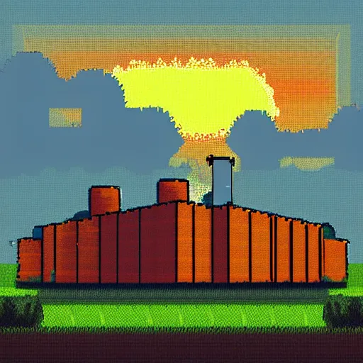 Prompt: pixel art landscape of an abandoned overgrown factory with orange sky, atmospheric