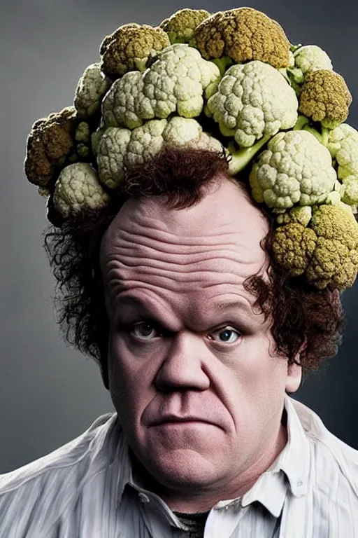 Prompt: john c. reilly's head wearing a wig made of cauliflower, movie still