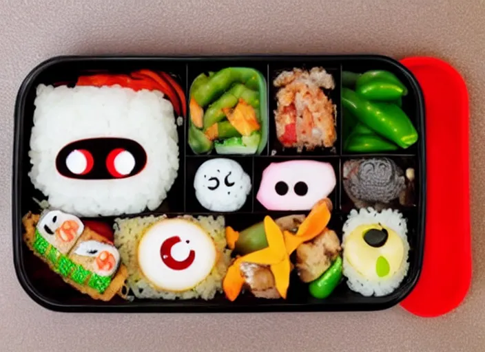 Image similar to photo of a japanese bento box from above. It is completely normal except it has human eyeballs in it.