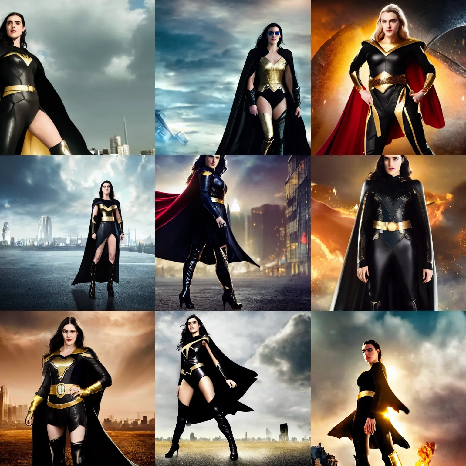 Prompt: epic film still of beautiful katie mcgrath as a superheroine in the new marvel superhero movie, black cape, black leather costume, gold belt, gold trim, stiletto heeled boots, movie still 8 k, shallow depth of field, destroyed city in the background, promotional poster