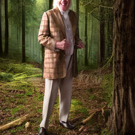 Image similar to full length beautiful jimmy savile, forest style studio shot, professional photographer, many details, super realistic, high quality, 8 k