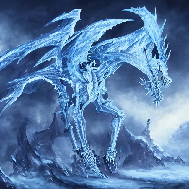 Image similar to a skeletal ice dragon, winter hell blue flames, artwork by Jaemin Kim