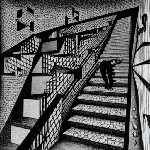 Image similar to a man falling down the stairs in an M.C Escher painting