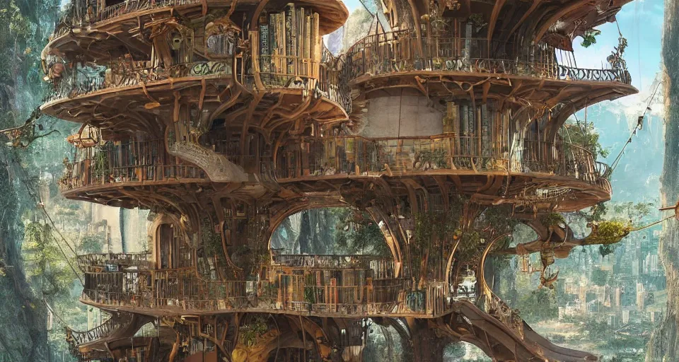 Image similar to A scene from a 2022 fantasy film featuring a cozy art nouveau reading nook inside a fantasy treehouse city. Suspended walkways. Disorganized ancient books. 8K UHD.