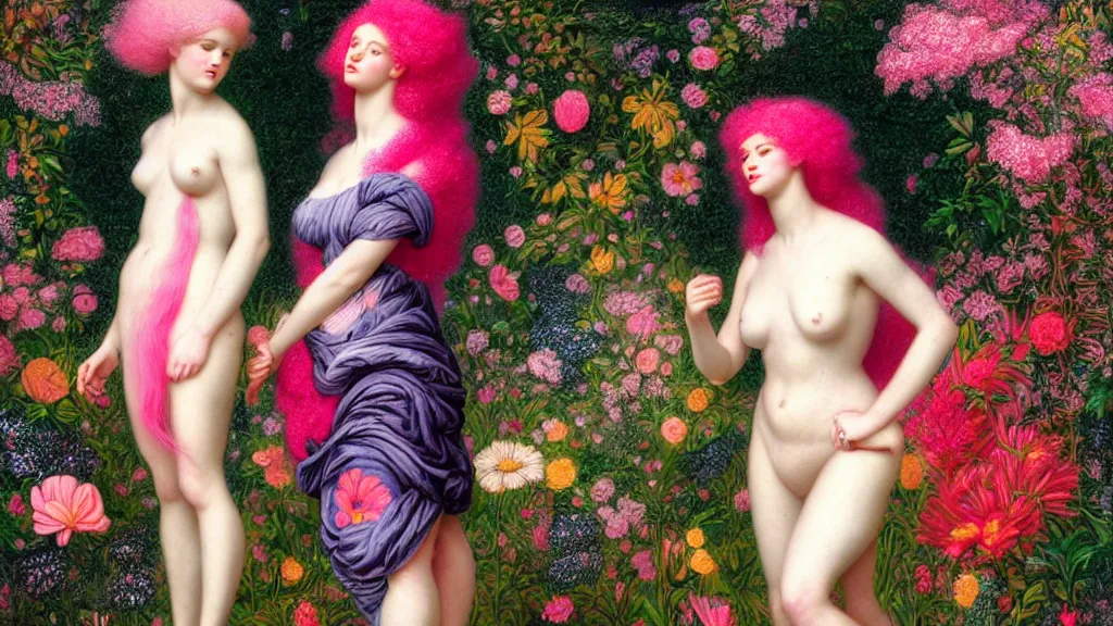 Image similar to photo-realistic portrait of two young women with neon pink hair, wearing a black dress by Vivienne Westwood, standing in a garden full of psychedelic flowers, intricate details, in the style of John William Godward, black background