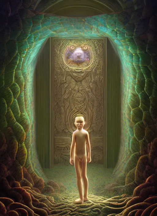 Image similar to hyperreal ultra detailed hypnagogic recollections from the waters of the unconscious. a 3 d psychopomp watching on. an ancient child. prismatic crystal light projections, a doorway threshold, a snake, sharp focus, global illumination, ornate, art by shaun tan, fenghua zhong and daniel merriam and dan mumford octane render