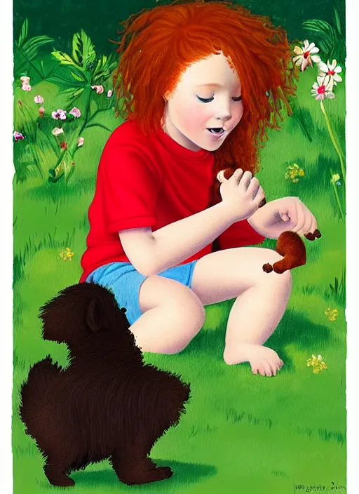 Prompt: “a red-haired child with dark skin playing with a puppy in the garden in the style of Mary Engelbreit”