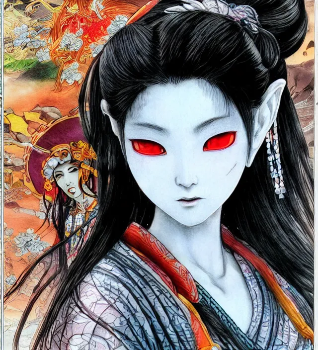 Prompt: taoist wuxia immortal vibrant color brush ink pencil 3 d rendering of a beautiful girl epic photorealistic portrait in ito junji miyazaki toriyama ishikawa ken disney pinup cyberpunk style detailed trending award winning