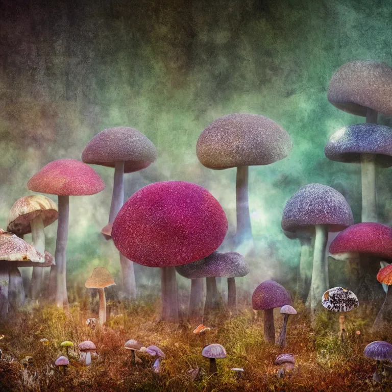 Image similar to a planet of various fungus like trees, mushrooms, flowers and plants, artistic photography, muted colors, conceptual, long exposure outside the city, volumetric light