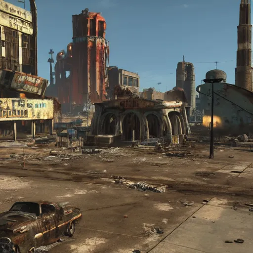 Image similar to mecca in ruins post - nuclear war in fallout 4, in game screenshot