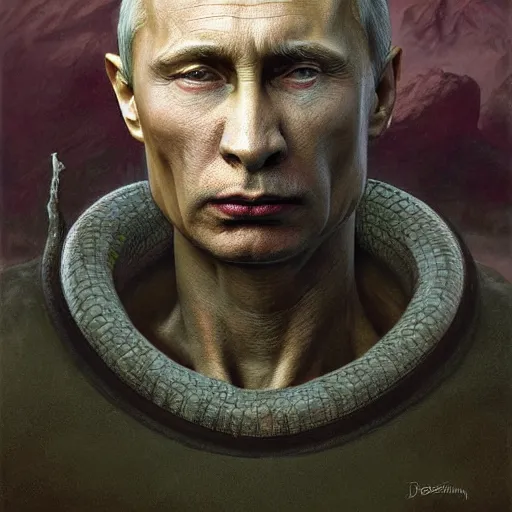 Prompt: vladimir putin, putin is bald prehistoric primate, reptiloid reptile alien eyes, toothless,, horror macabre by donato giancola and greg rutkowski and wayne barlow and zdzisław beksinski, realistic face, digital art