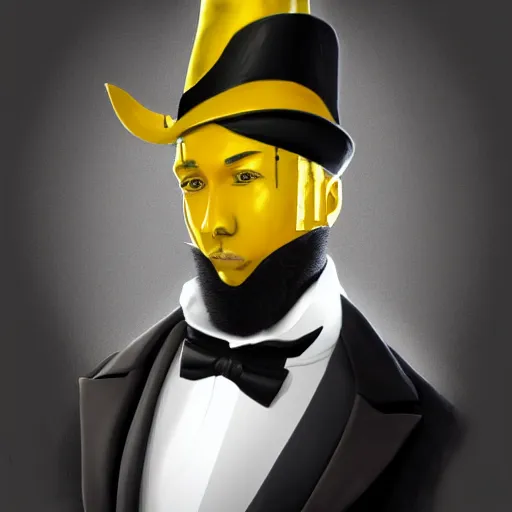 Image similar to a highly detailed portrait of a man in a high top hat covering his face, in a black tailcoat with a yellow waistcoat under the tailcoat, artstation, deviantart, professional, unreal engine 5, photorealistic