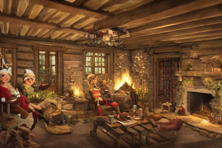 Image similar to wooden cottage, living room, elves sitting on the couch, high - tech devices, traditional fireplace, concept art