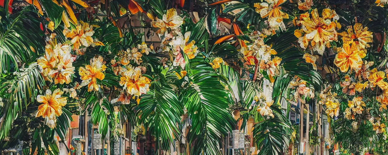 Image similar to a highly detailed oil photo of Tropical Flowers, a view from ground level: elegant, ornate, daytime. this is a beautifully lit scene, fine art photography