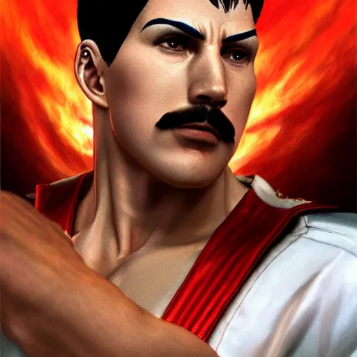 Image similar to freddy mercury as ryu street fighter, face detail, ultra realistic, concept art, intricate details, highly detailed, photorealistic, octane render, 8 k, unreal engine, art by frank frazetta, simon bisley, brom