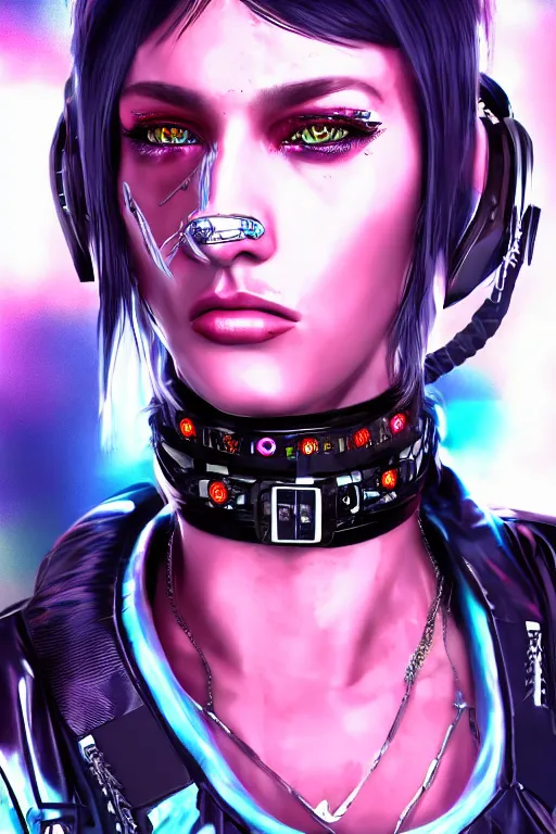 Image similar to detailed realistic female rock star cyberpunk wearing thick technological collar around neck, realistic, art, beautiful, 4K, collar, choker, collar around neck, punk, artstation, detailed, female, woman, choker, cyberpunk, neon, punk, collar, choker, collar around neck, thick collar, tight around neck, punk,