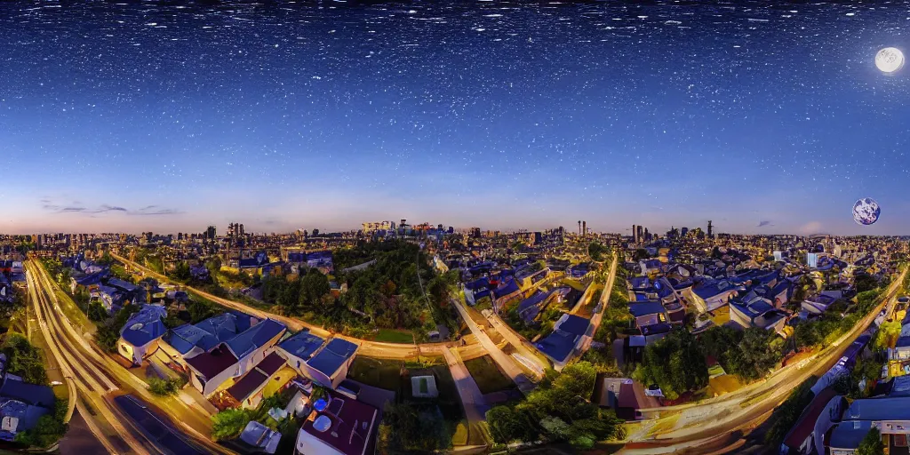 Image similar to Night view of suburb streets and residential apartment buildings in the distance. 3d spherical panorama with 360 viewing angle ready for virtual reality or vr. full equirectangular projection. sightseeing. full moonlit sky