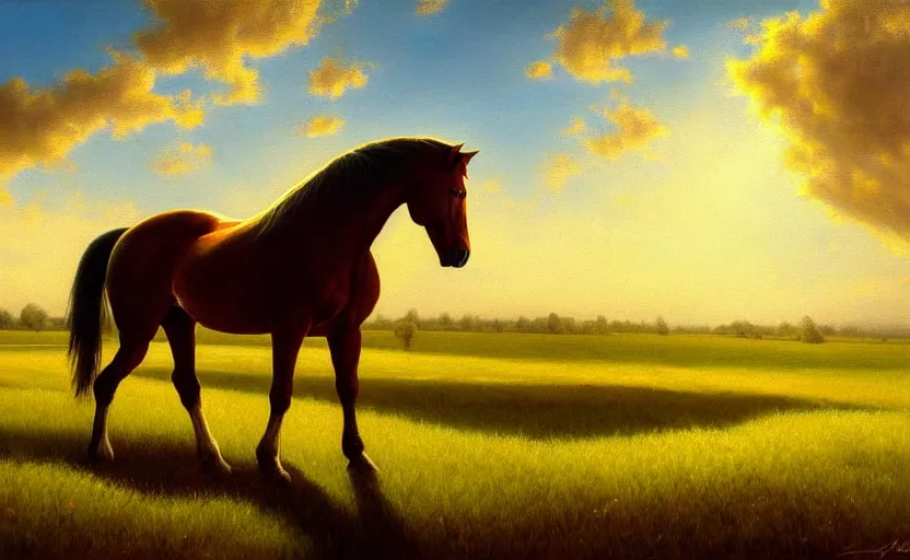 Prompt: a masterpiece oil painting of a horse backlit in a pasture. ultra wide angle, fantasy art, alex ross, heroic lighting, very very very beautiful raytraced rendering