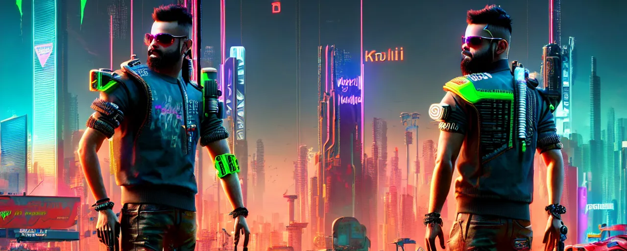 Image similar to Virat Kholi, in CyberPunk 2077, reimagined as a cyberpunk dystopia, 4k highly detailed digital art 4k highly detailed digital art