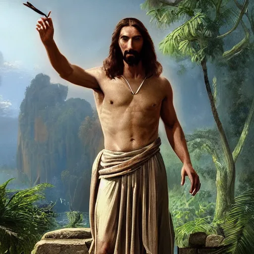 Image similar to a detailed matte painting of a ridiculously good looking jesus who is best friends forever with a velociraptor, elegant ancient greek dress, jungle as the background, drinking a martini, very detailed, beautiful, intricate, art by greg rutkowski and robert e howard, octane render