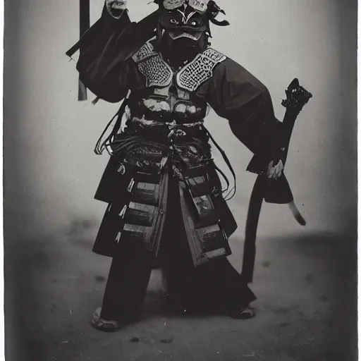 Image similar to tintype photographs of dieselpunk samurai, psycho oni, ninja demons