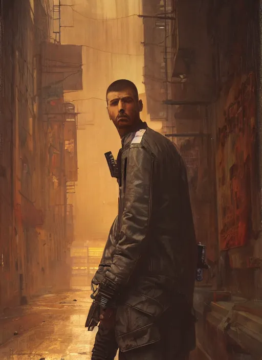 Image similar to Cyberpunk prison guard (blade runner 2049, cyberpunk 2077). Orientalist portrait by john william waterhouse and James Gurney and Theodore Ralli and Nasreddine Dinet, oil on canvas. Cinematic, hyper realism, realistic proportions, dramatic lighting, high detail 4k