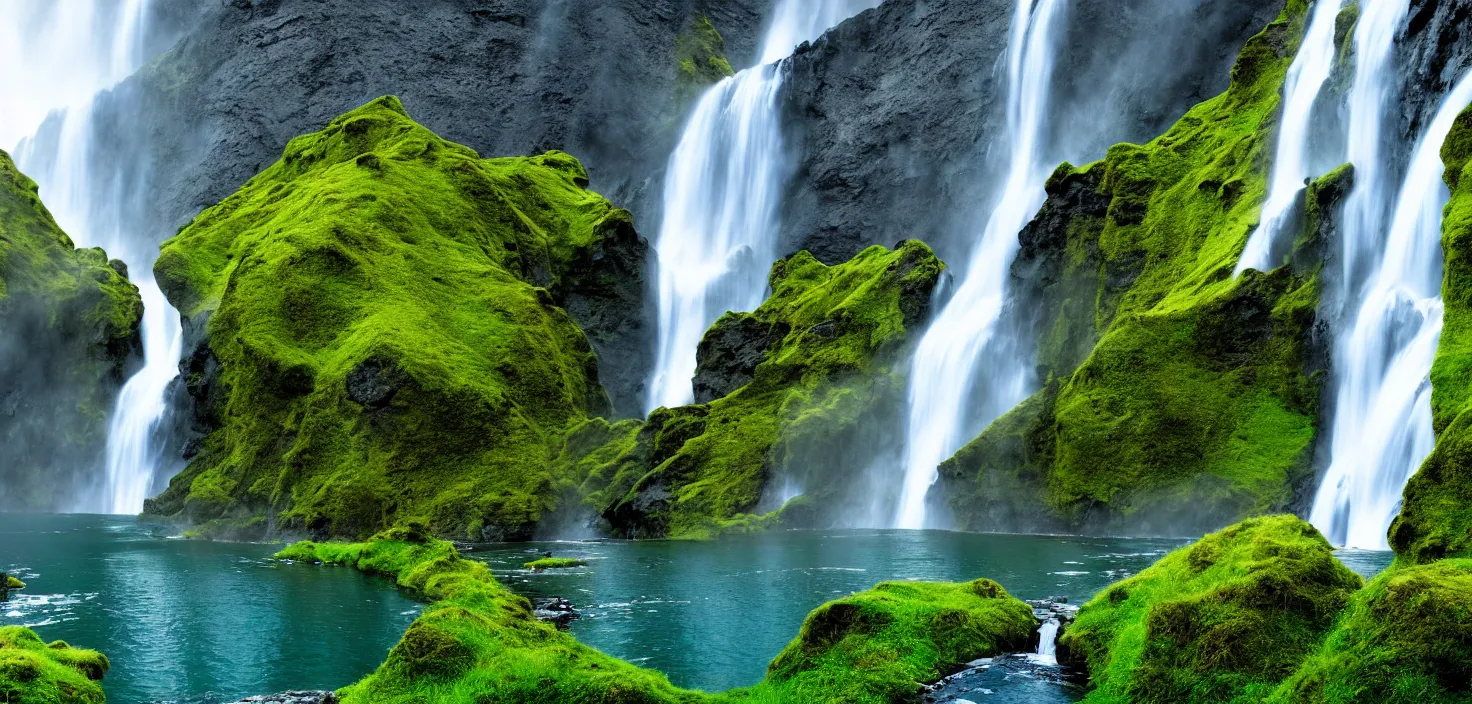 Image similar to a waterfall in the middle of a mountain range, a detailed matte painting by hallsteinn sigurðsson, shutterstock contest winner, naturalism, uhd image, creative commons attribution, photo taken with ektachrome