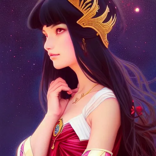 Image similar to a beautiful princess, long dark hair and bangs, sailor mars aesthetic, fantasy, intricate, elegant, highly detailed, digital painting, artstation, concept art, matte, sharp focus, illustration, art by Artgerm and Greg Rutkowski and Alphonse Mucha