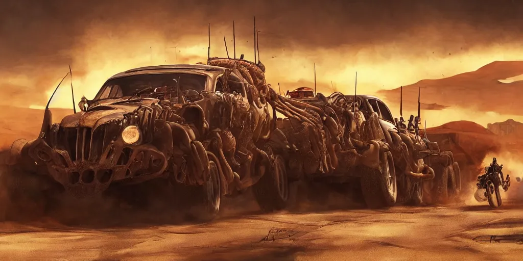 Image similar to an environmental concept art from mad max fury road, single muscle car speeding through the desert, highly detailed, cinematic, dramatic lighting by francis tneh, guy fieri eating a burger, lara croft punching a toaster