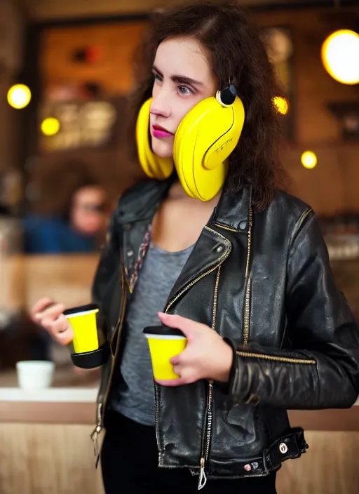 Image similar to young adult woman in a coffee shop wearing bright yellow headphones and a leather jacket looking unamused, natural light, unreal engine