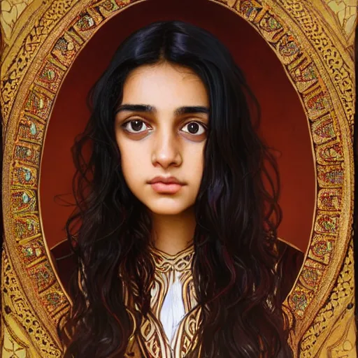 Prompt: portrait of a british teenage girl with wavy black hair, mixed desi girl with dark brown skin, half english half indian, glowing skin, fantasy, intricate, elegant, dress shirt, school uniform, highly detailed, digital painting, artstation, concept art, smooth, sharp focus, illustration, art by Krenz Cushart and Artem Demura and alphonse mucha