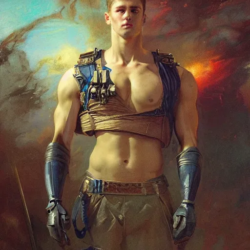 Prompt: handsome portrait of a young guy fitness posing, war hero, adventure, radiant light, caustics, reflective water, by gaston bussiere, bayard wu, greg rutkowski, giger, maxim verehin