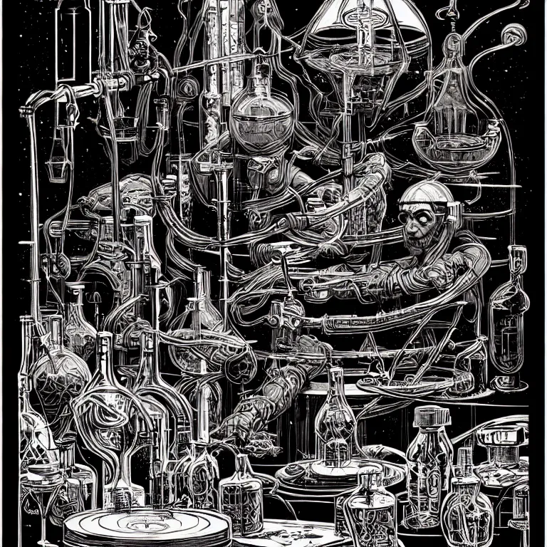 Prompt: ancient alchemist wizards laboratory, high details, lineart, by vincent di fate, inking, 3 color screen print, masterpiece, trending on artstation, etching, sharp, high contrast, hyper - detailed, hd, 4 k, 8 k