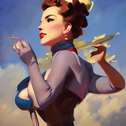 Image similar to greg manchess portrait painting of beauty 1 9 4 0's pinup as overwatch's characters, medium shot, asymmetrical, profile picture, organic painting, sunny day, matte painting, bold shapes, hard edges, street art, trending on artstation, by huang guangjian and gil elvgren and sachin teng