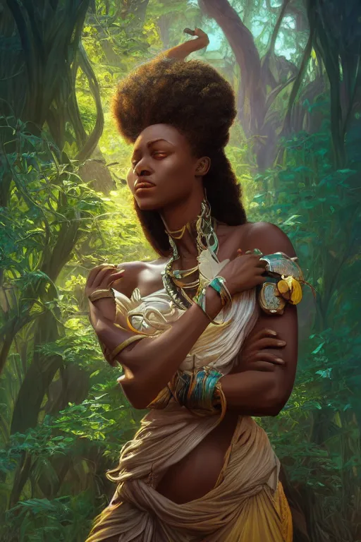 Image similar to african goddess of nature, accurate anatomy, only two hands, highly detailed, digital painting, artstation, concept art, smooth, sharp focus, illustration, Unreal Engine 5, 8K, art by Ross Tran and greg rutkowski and alphonse Mucha