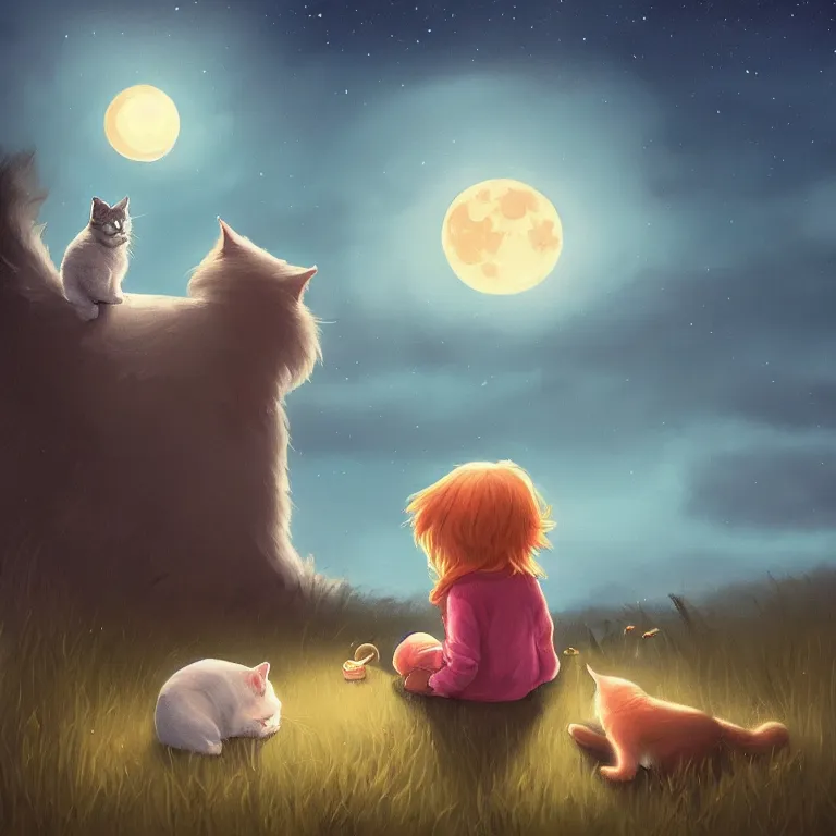 Prompt: A little girl and a cat are sitting in a field at night and looking at the moon, trending on artstation, 30mm, by Noah Bradley