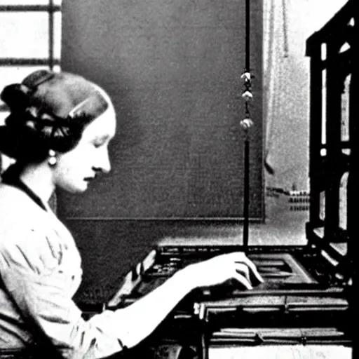 Prompt: Ada Lovelace coding on a quantum computer, digital photograph