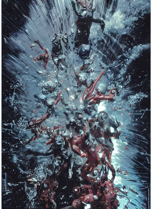 Image similar to astronauts divers in dark void underwater - complex and hyperdetailed technical suit design. reflection and dispersion materials. rays and dispersion of light. volumetric light. f / 3 2. noise film photo. flash photography. ultra realistic, 5 0 mm. poster by wayne barlowe, hajime sorayama aaron horkey, craig mullins