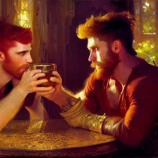 Prompt: attractive male mike with ginger hair with attractive male tyler with brunet hair, drinking their hearts out, in their noble mansion. highly defined painting, highly detailed painting by gaston bussiere, craig mullins 8 k