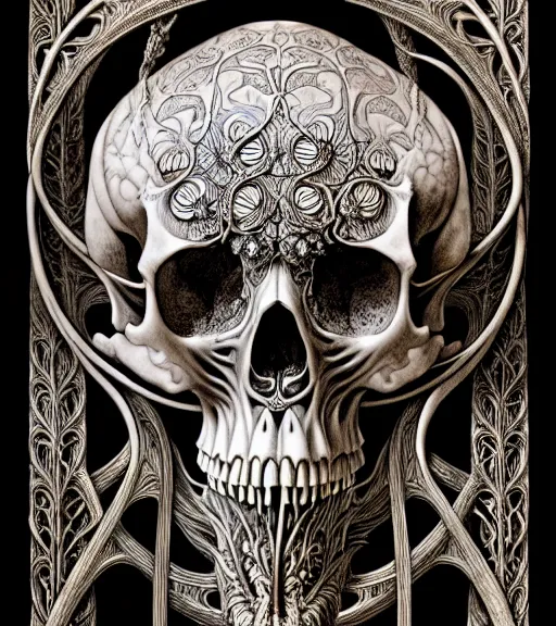 Image similar to art forms of nature by ernst haeckel, memento mori by arthur rackham, ornate antique porcelain beautiful skull mask, ultrasharp, photorealistic, hyperdetailed, octane render, polished, art nouveau, neo - gothic, gothic, intricate ornamental organic filigree, art nouveau botanicals, art forms of nature by ernst haeckel, horizontal symmetry, symbolist, visionary