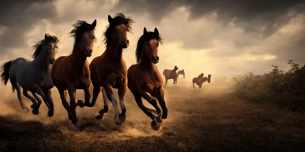 Image similar to a product picture of hundreds of horses running, photographic filter, unreal engine 5, realistic, hyperdetailed, 8 k, cinematic, volumetric lighting, very realistic effect, hd, hdr, 4 k, sharp focus, octane render, ultra detailed, high resolution, trending on artstation in the style of albert dros glowing rich colors powerful imagery