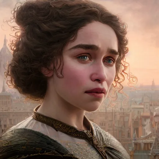 Image similar to a very detailed Magic portrait painting of Emilia Clarke, a very detailed fantasy city background, a very detailed dramatic sky, light particles, environment drawn by Donato Giancola and Tom Bagshaw, Edmund Leighton, character design by Alphonse Mucha, 4k, volumetric lighting, komorebi, award winning, octane render, hyperrealistic