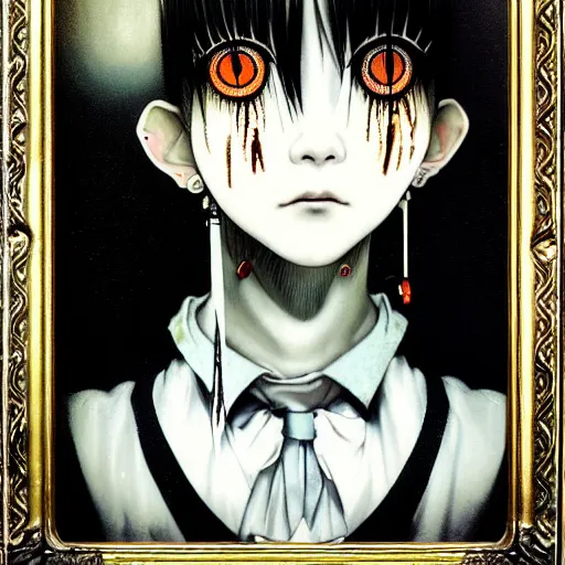 Image similar to yoshitaka amano blurred and dreamy realistic three quarter angle horror portrait of a sinister young woman with short hair, big earrings and white eyes wearing office suit with tie, black and white junji ito abstract patterns in the background, satoshi kon anime, noisy film grain effect, highly detailed, renaissance oil painting, weird portrait angle, blurred lost edges