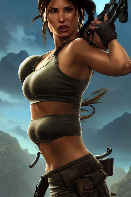 Image similar to Lara Croft, wide angle, super highly detailed, professional digital painting, artstation, concept art, smooth, sharp focus, no blur, no dof, extreme illustration, Unreal Engine 5, Photorealism, HD quality, 8k resolution, cinema 4d, 3D, beautiful, cinematic, art by artgerm and greg rutkowski and alphonse mucha and loish and WLOP