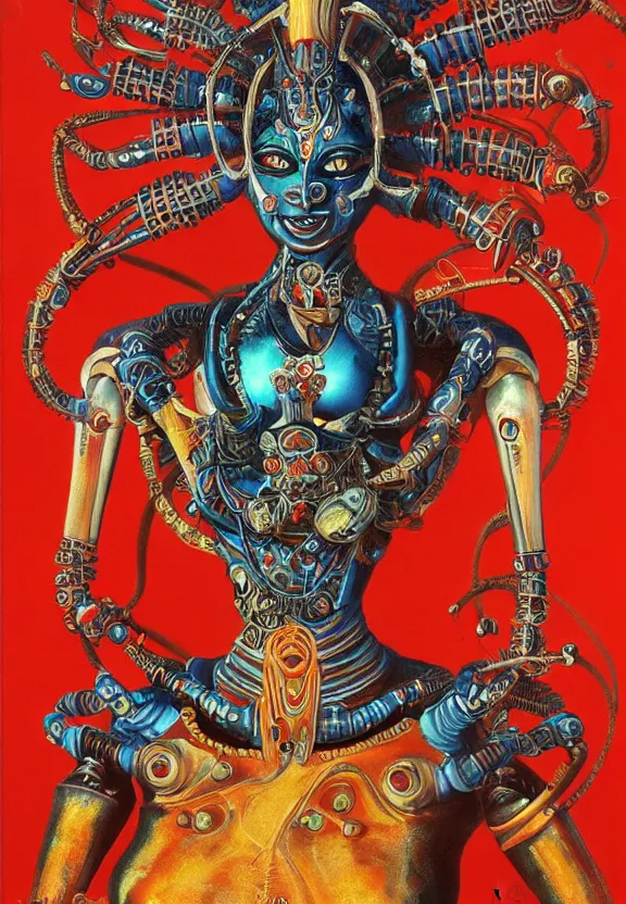 Image similar to biomechanical alien robot goddess kali, female, intense stare, sarcastic smile, symmetrical, concept art, intricate detail, volumetric shadows and lighting, realistic oil painting, 1 9 7 0 psychedelic soviet poster,