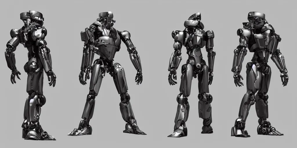 Image similar to multi sided view, 3/4 view, front back, of mecha suit of armor, photoreal, schematic, zbrush, octane render, ray tracing, 3d, artstation